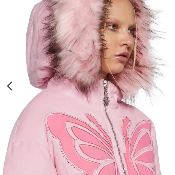 Dolls Kill Pink Faux Fur Hood Butterfly Bomber Jacket - Picture 7 of 8